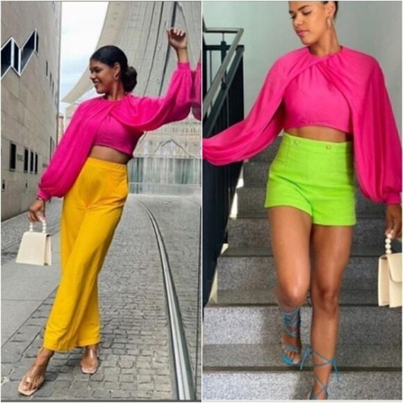 ZARA Bloggers Favorite Balloon Sleeve Crop Top Drapey Crossover Hot Pink Sz XL - Picture 10 of 16